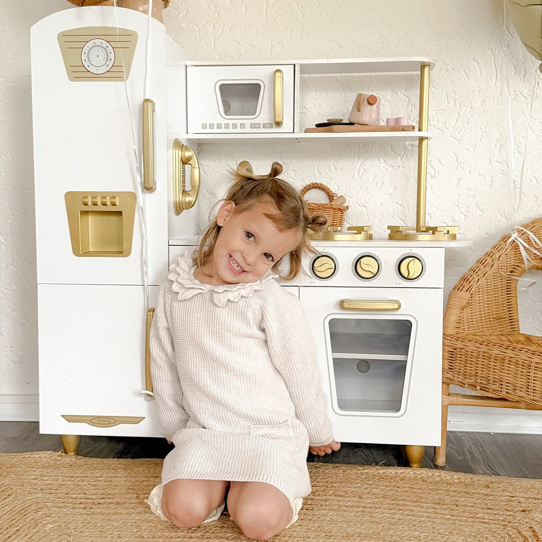 MeowBaby Montessori Holzspielküche für Kinder mit Zubehör - weiß/gold