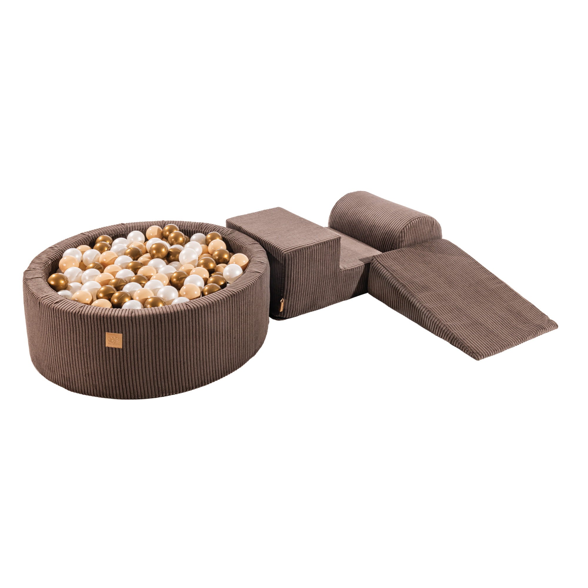 MeowBaby Schaumspielset Ästhetik Cord braun mit Bällebad, 200 Bälle - beige/weiße Perle/platinum