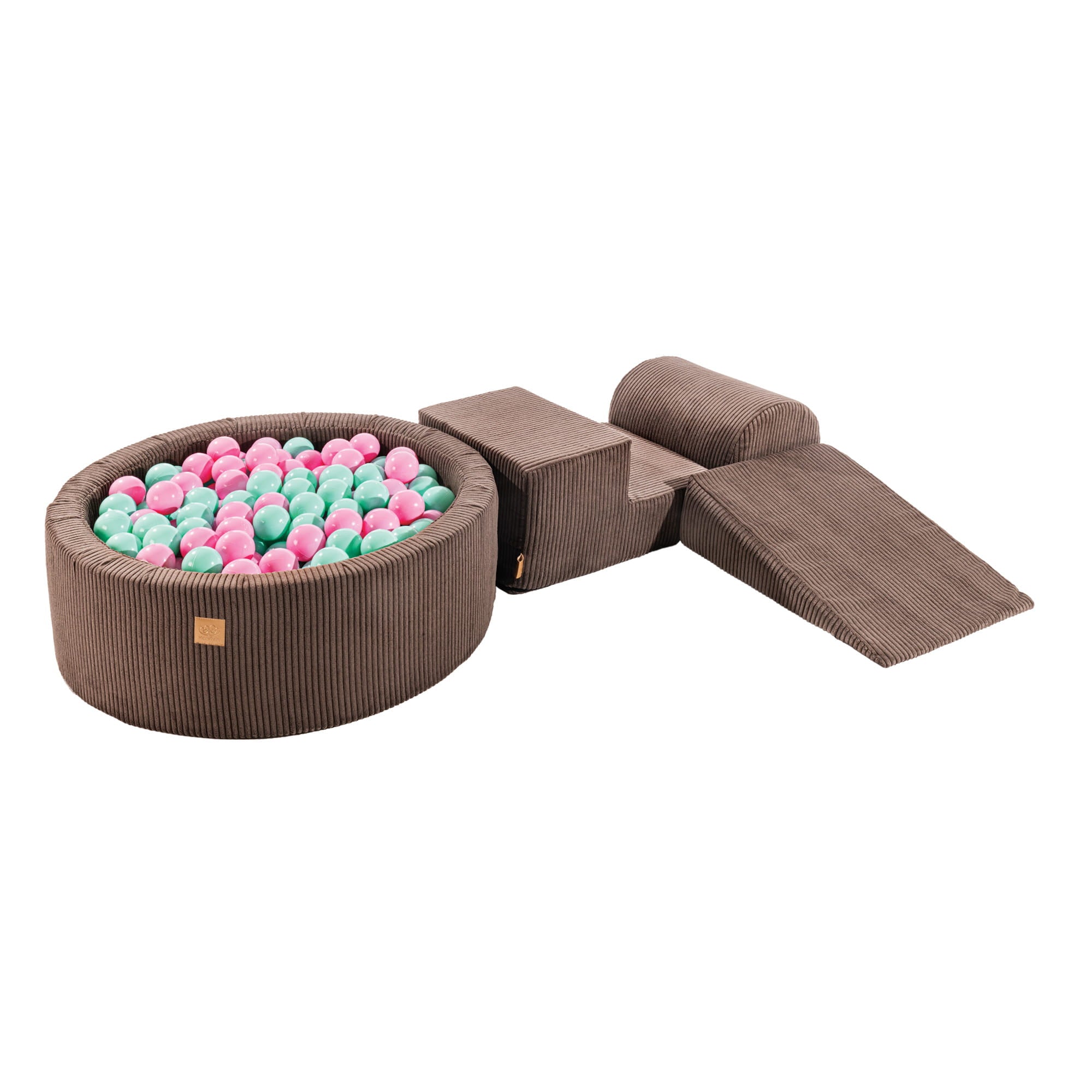 MeowBaby foam play set aesthetic corduroy brown with ball pit, 200 balls - pastel pink/mint
