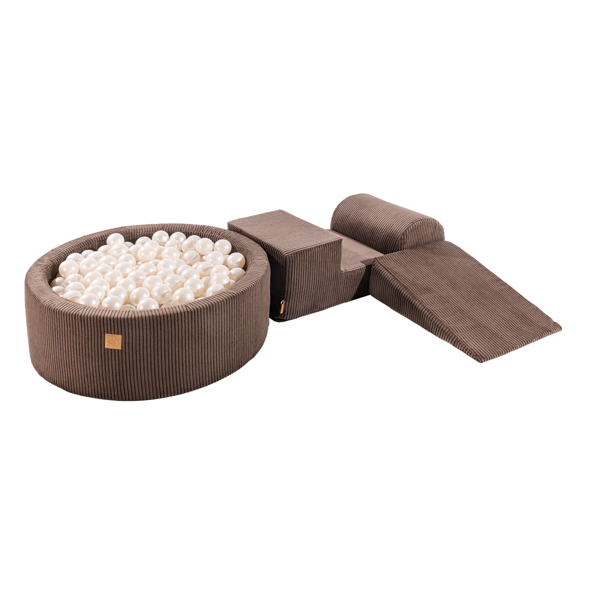 MeowBaby Schaumspielset Ästhetik Cord braun mit Bällebad, 200 Bälle - weiße Perle