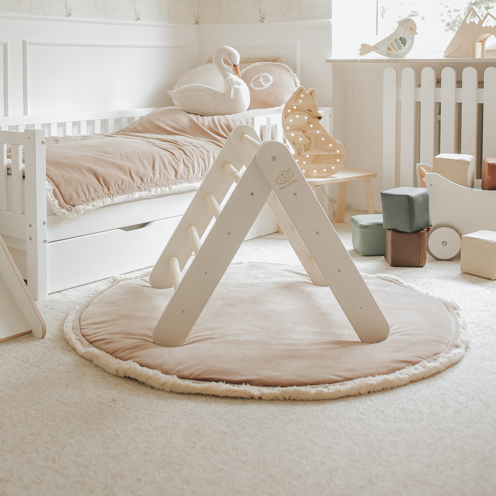 MeowBaby Haus mit faltbarer Kinderleiter 60x61 cm - Graublaues Haus, Leiter Weiß
