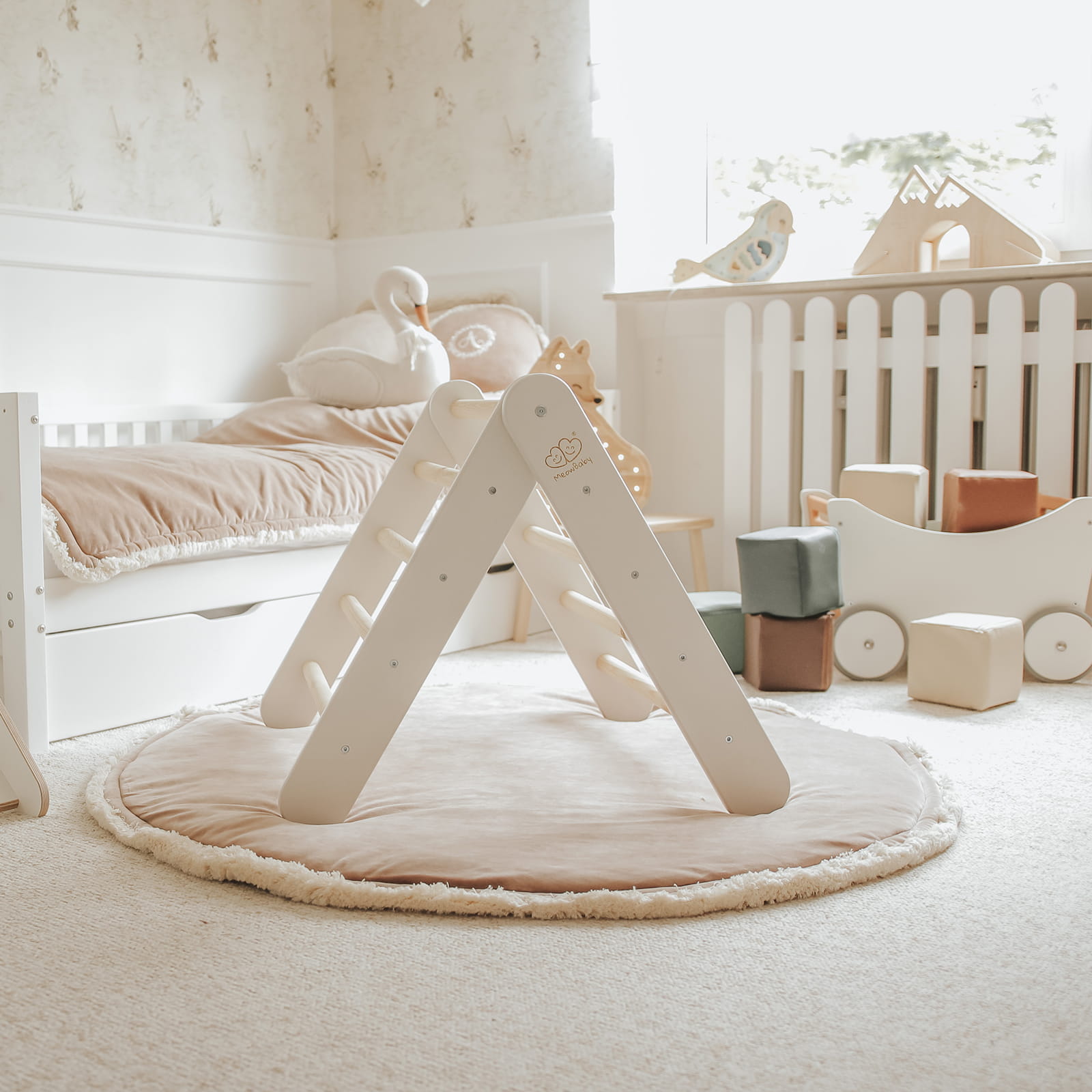 MeowBaby Haus mit faltbarer Kinderleiter 60x61 cm - Graublaues Haus, Leiter Weiß