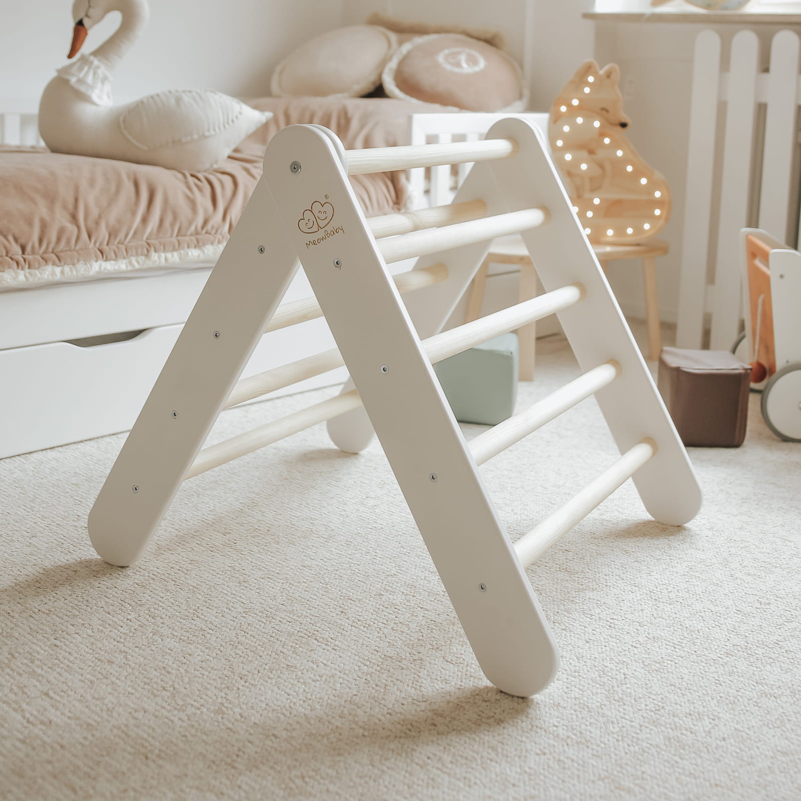 MeowBaby Haus mit faltbarer Kinderleiter 60x61 cm - Graublaues Haus, Leiter Weiß
