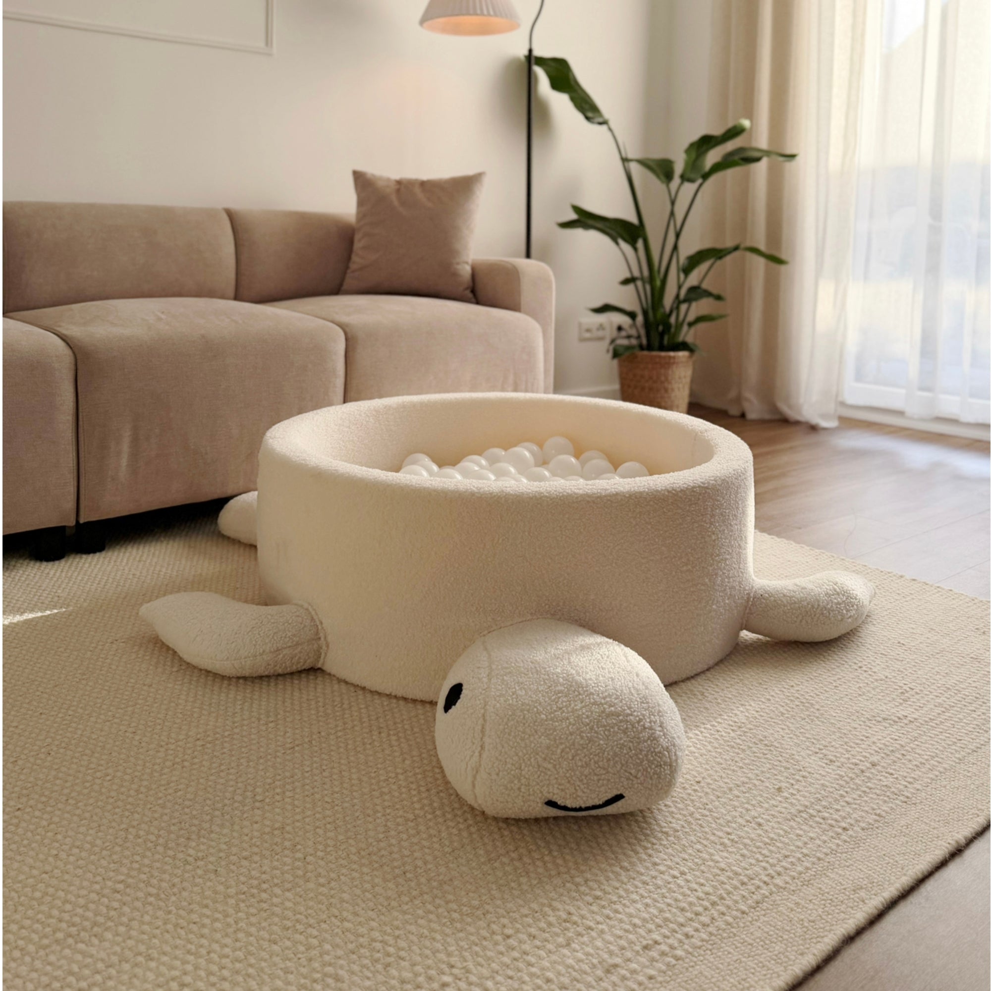 MeowBaby Bällebad Schildkröte Bouclé Cheesecake Cream Beige, 200 Bälle - eigene Farbauswahl