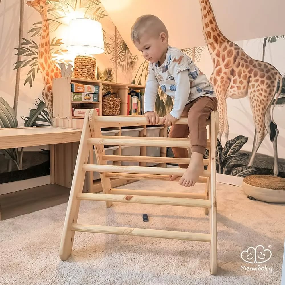MeowBaby climbing triangle with slide 60x61 cm, wood - natural