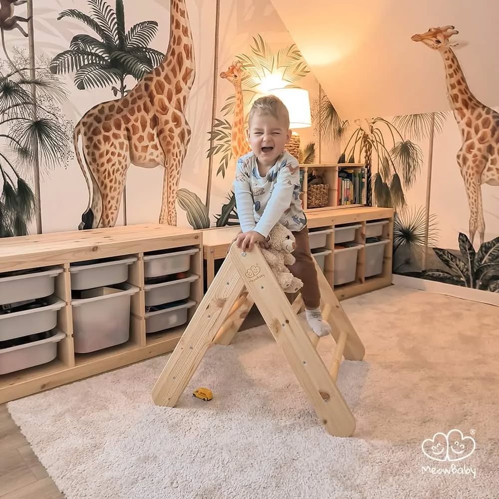 MeowBaby climbing triangle with slide 60x61 cm, wood - natural