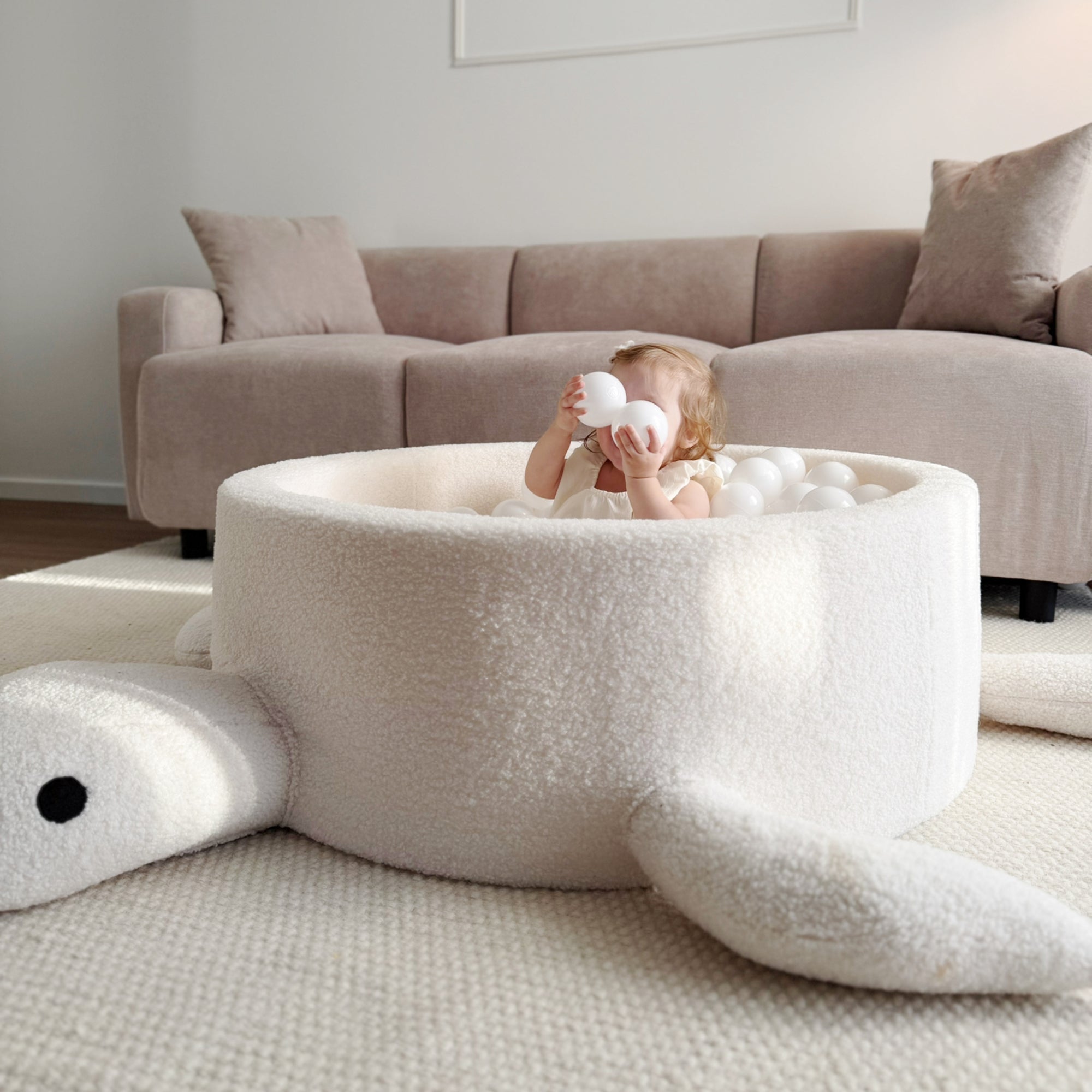 MeowBaby Bällebad Schildkröte Bouclé Cheesecake Cream Beige, 200 Bälle - eigene Farbauswahl