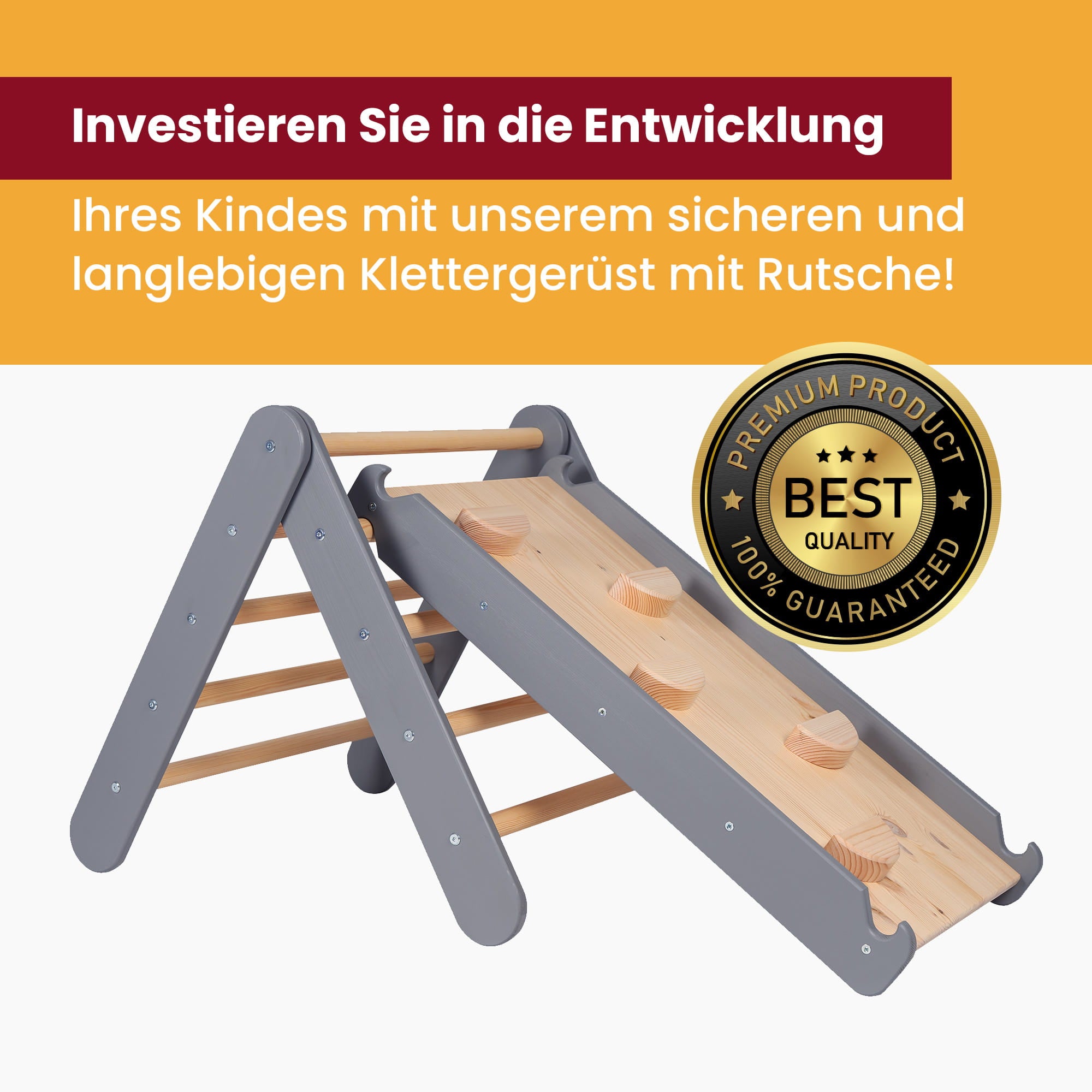 MeowBaby Kletterdreieck mit Rutsche 60x61 cm, Holz - grau