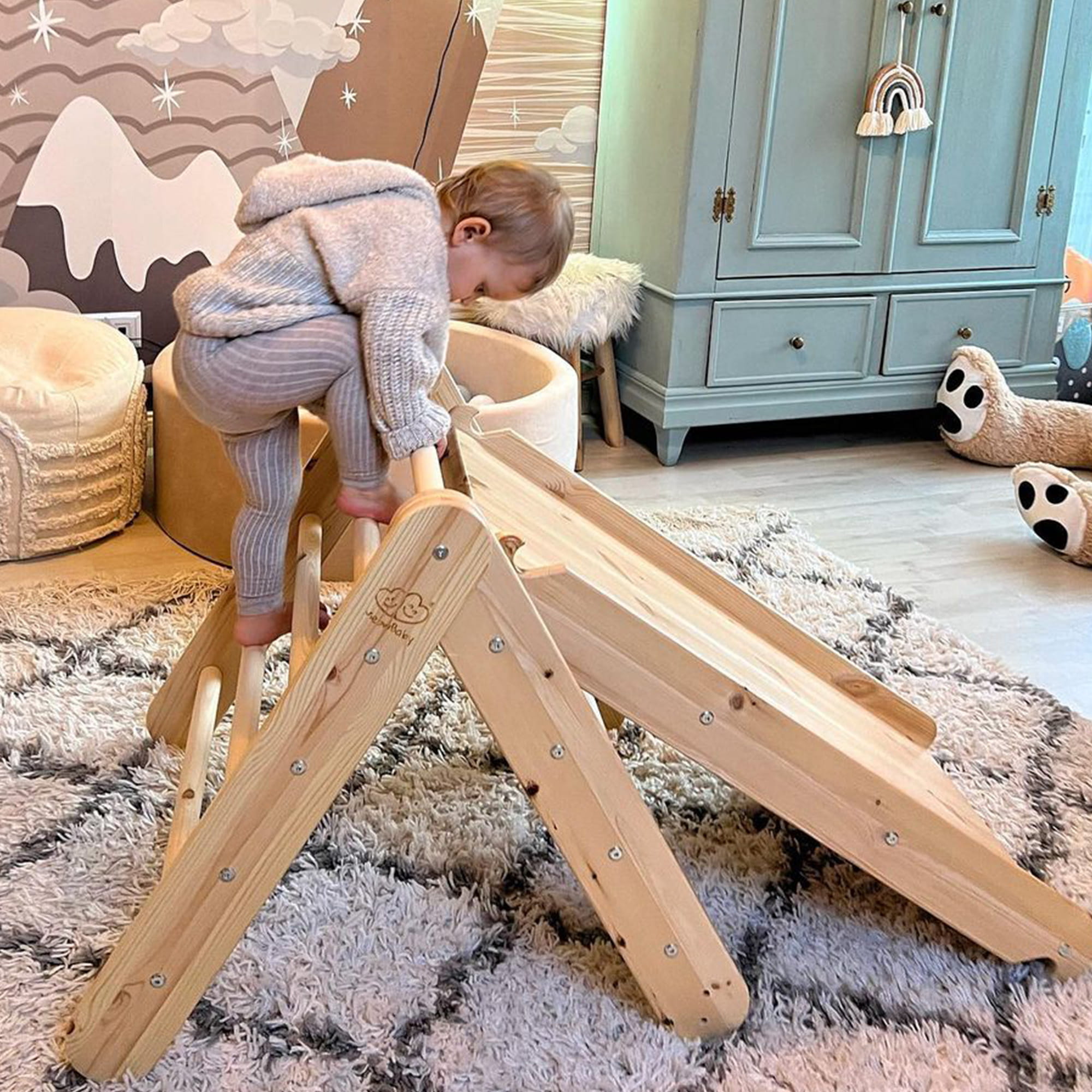 MeowBaby Kletterdreieck mit Rutsche 60x61 cm, Holz - natur