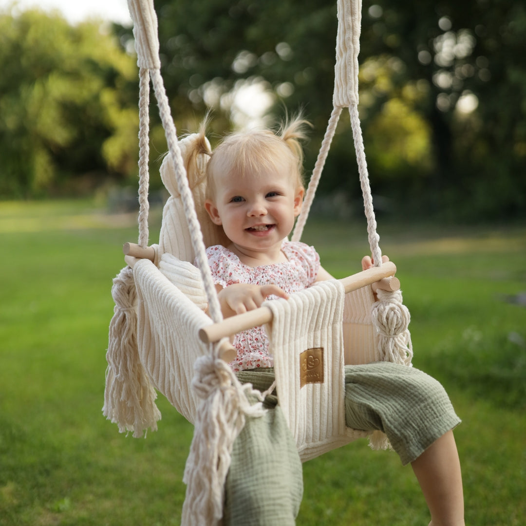 MeowBaby Babyschaukel Cord im Bärendesign - Ästhetik vanilla