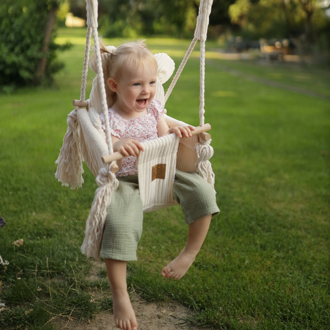 MeowBaby Babyschaukel Cord im Bärendesign - Ästhetik vanilla