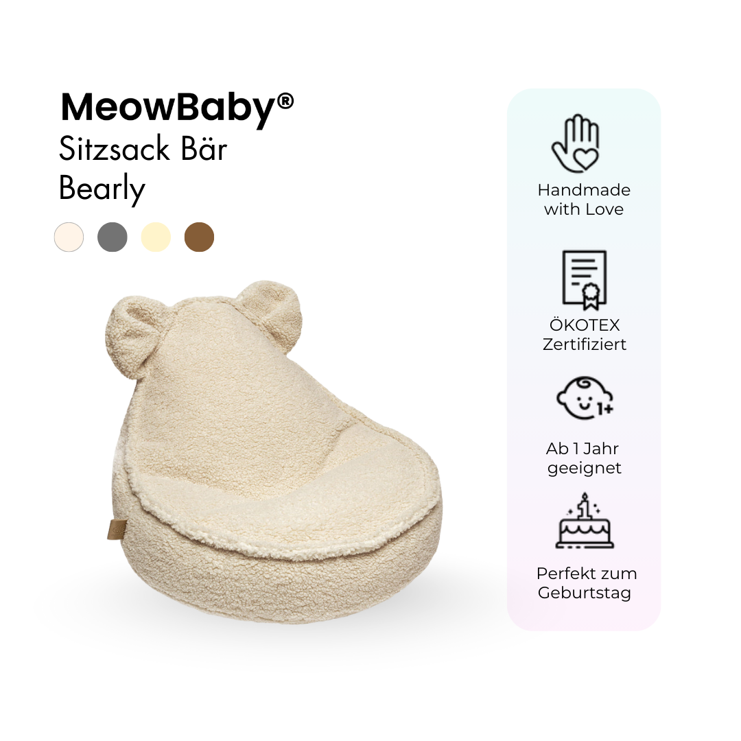 MeowBaby Beanbag Bearly Bear - cream/white