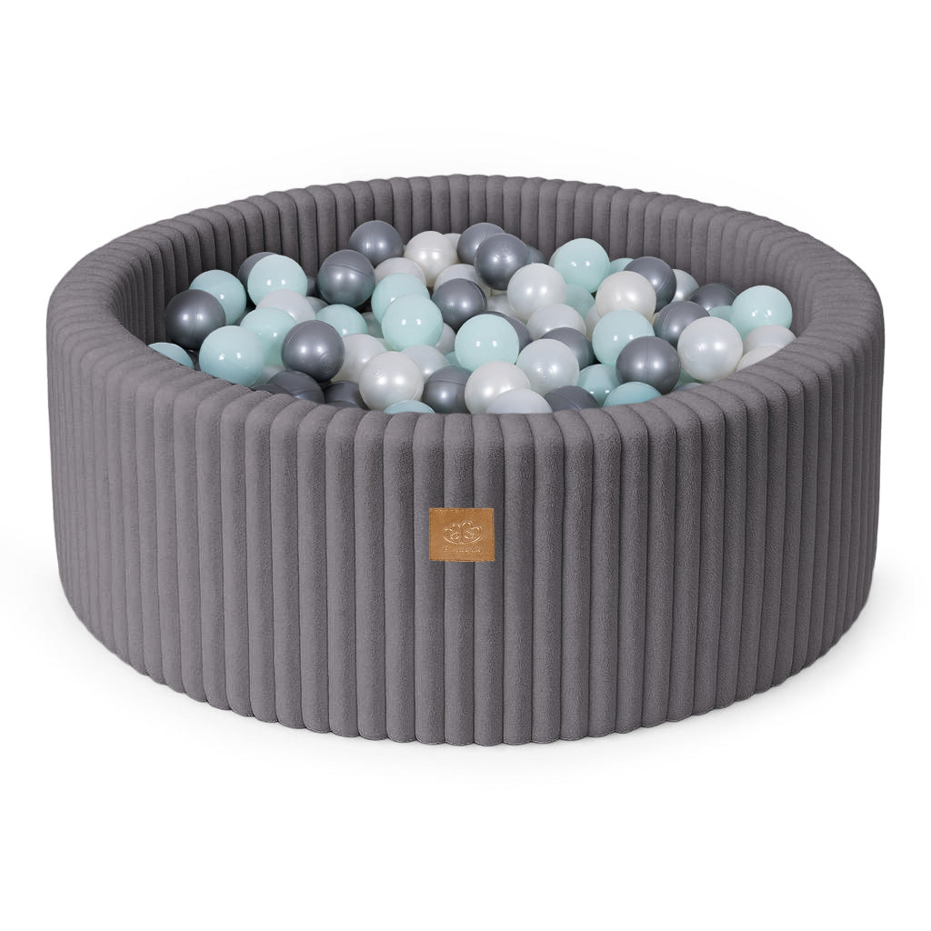 MeowBaby Bällebad Churros Plüsch-Cord Jurassic Grey 90x30 cm, 200 Bälle - eigene Farbauswahl