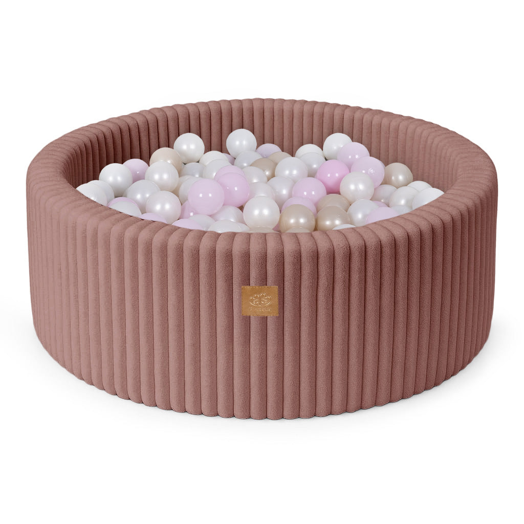 MeowBaby Bällebad Churros Plüsch-Cord Ruby Chocolate Pink 90x30 cm, 200 Bälle - eigene Farbauswahl