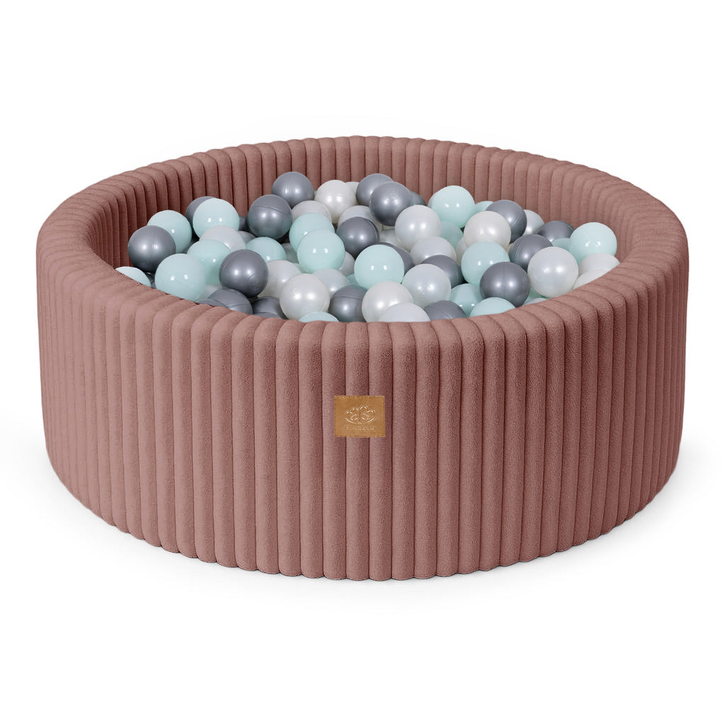 MeowBaby Bällebad Churros Plüsch-Cord Ruby Chocolate Pink 90x30 cm, 200 Bälle - eigene Farbauswahl