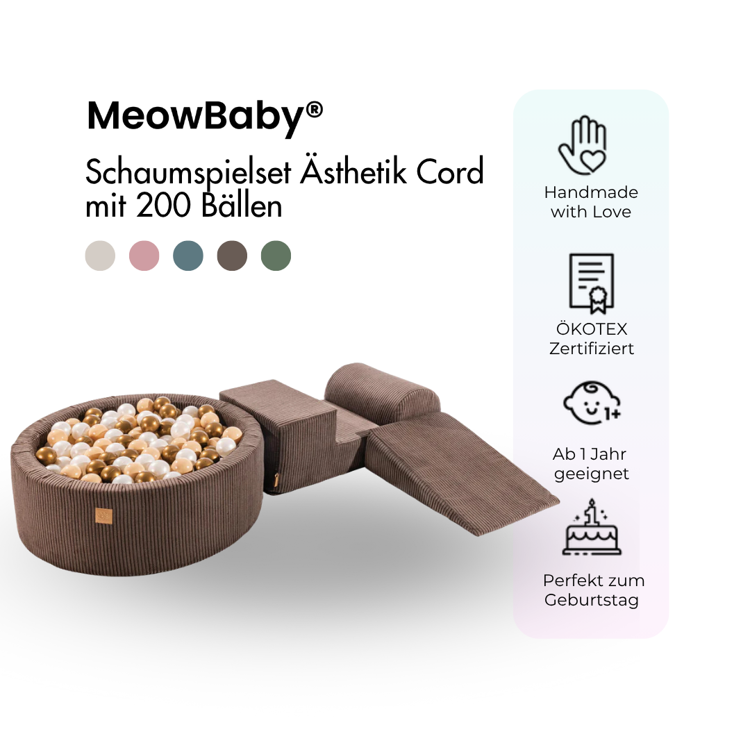 MeowBaby Schaumspielset Ästhetik Cord mit Bällebad, 200 Bälle - eigene Farbauswahl