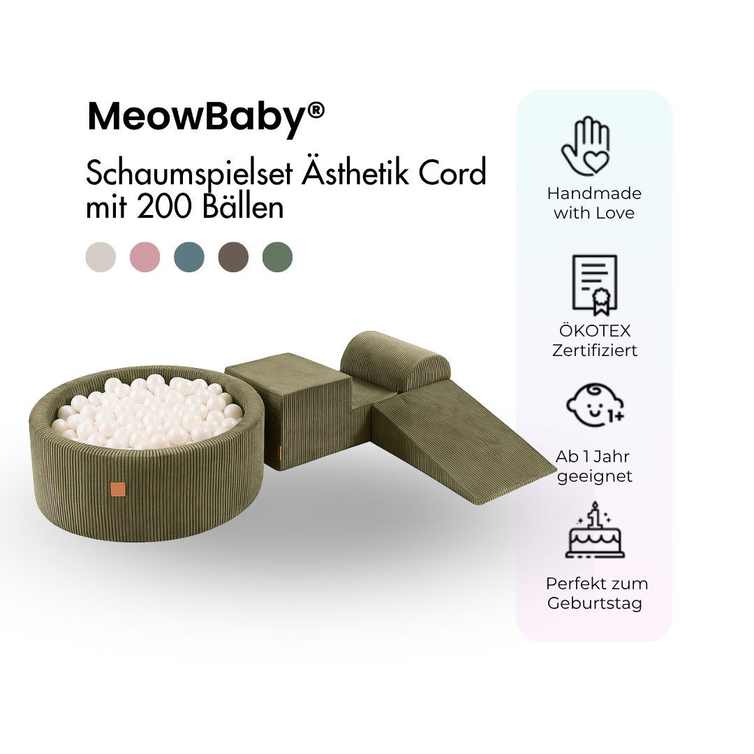 MeowBaby Schaumspielset Ästhetik Cord mit Bällebad, 200 Bälle - eigene Farbauswahl