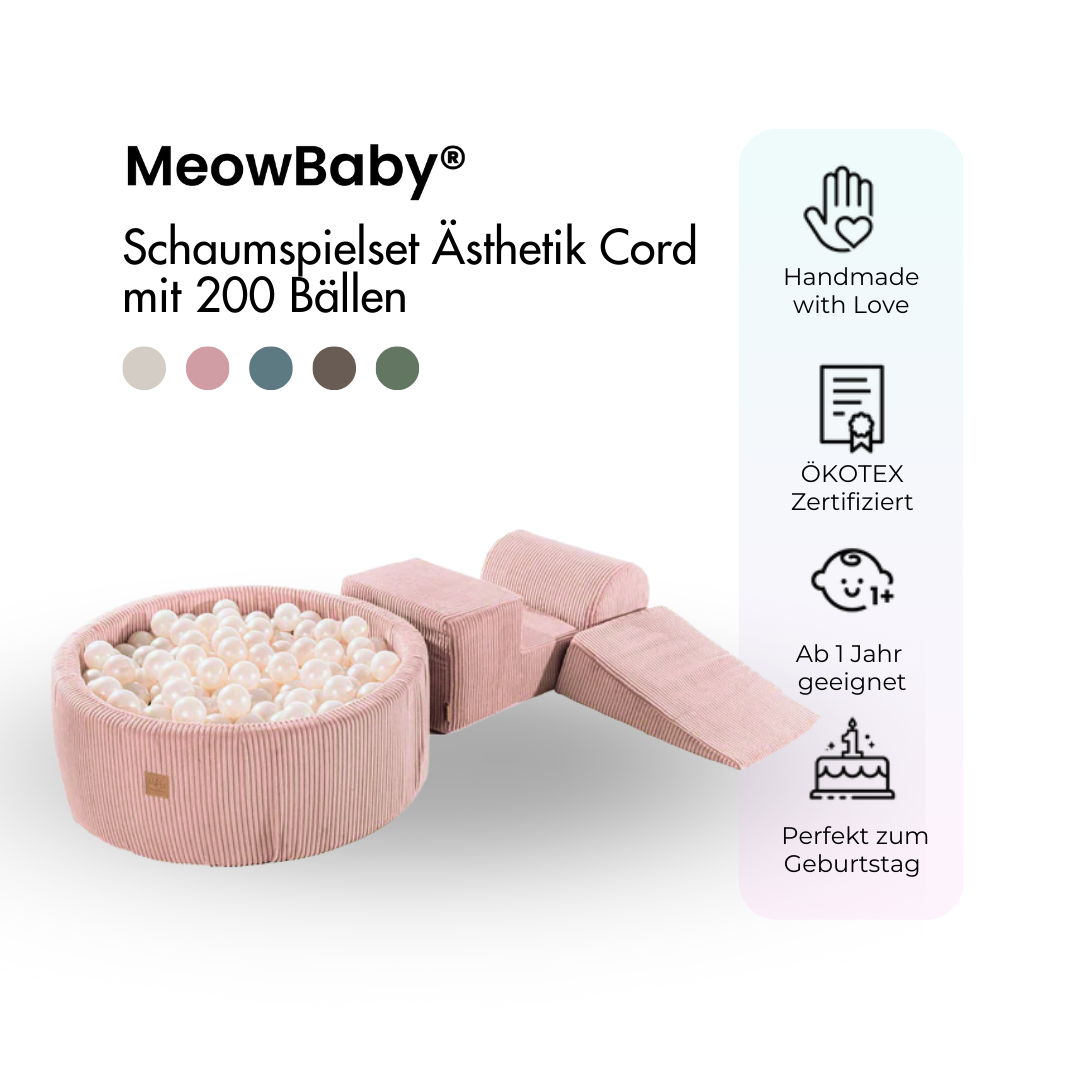 MeowBaby Schaumspielset Ästhetik Cord mit Bällebad, 200 Bälle - eigene Farbauswahl