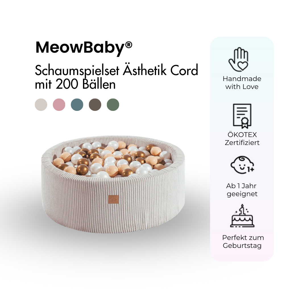 MeowBaby Bällebad Ästhetik Cord 90x30 cm, 200 Bälle - eigene Farbauswahl