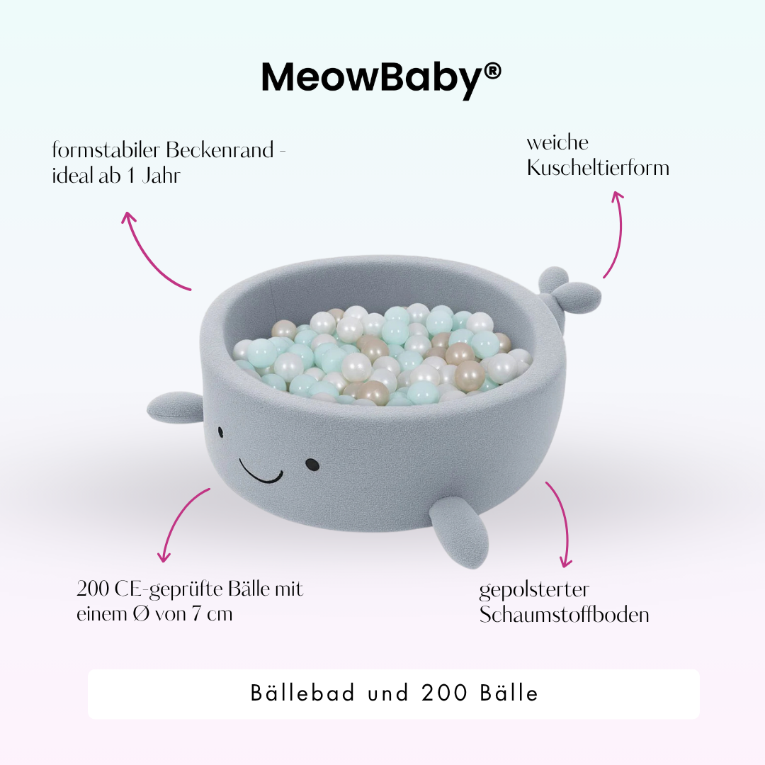 MeowBaby Bällebad kleiner Wal Bouclé, 200 Bälle - eigene Farbauswahl