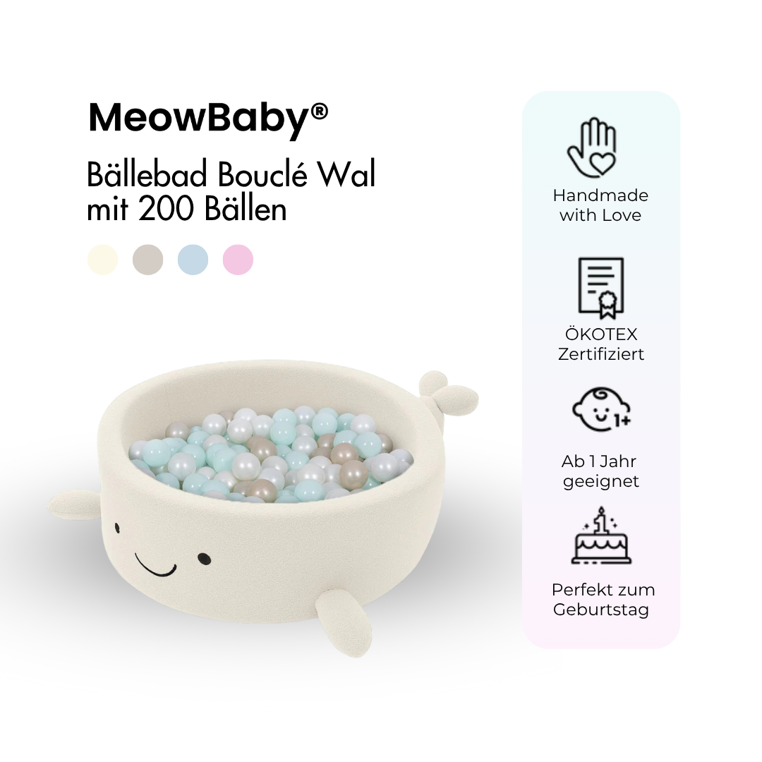 MeowBaby Bällebad kleiner Wal Bouclé, 200 Bälle - eigene Farbauswahl