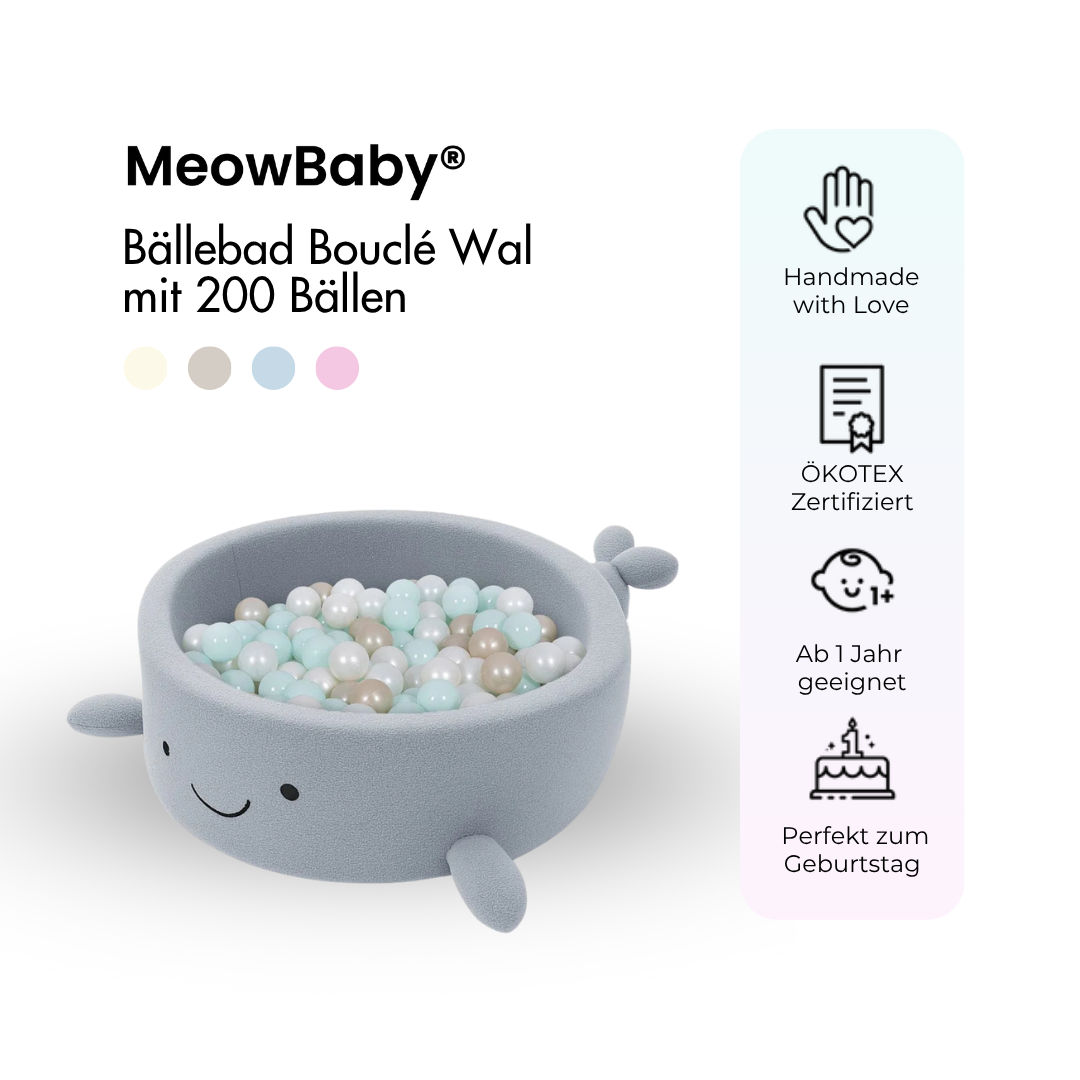 MeowBaby Bällebad kleiner Wal Bouclé, 200 Bälle - eigene Farbauswahl