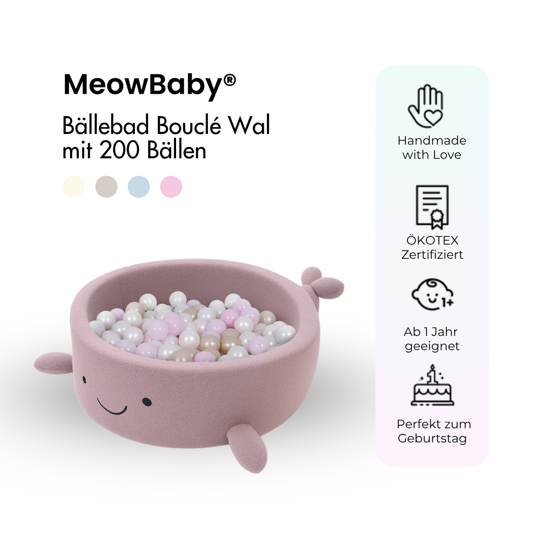 MeowBaby Bällebad kleiner Wal Bouclé, 200 Bälle - eigene Farbauswahl