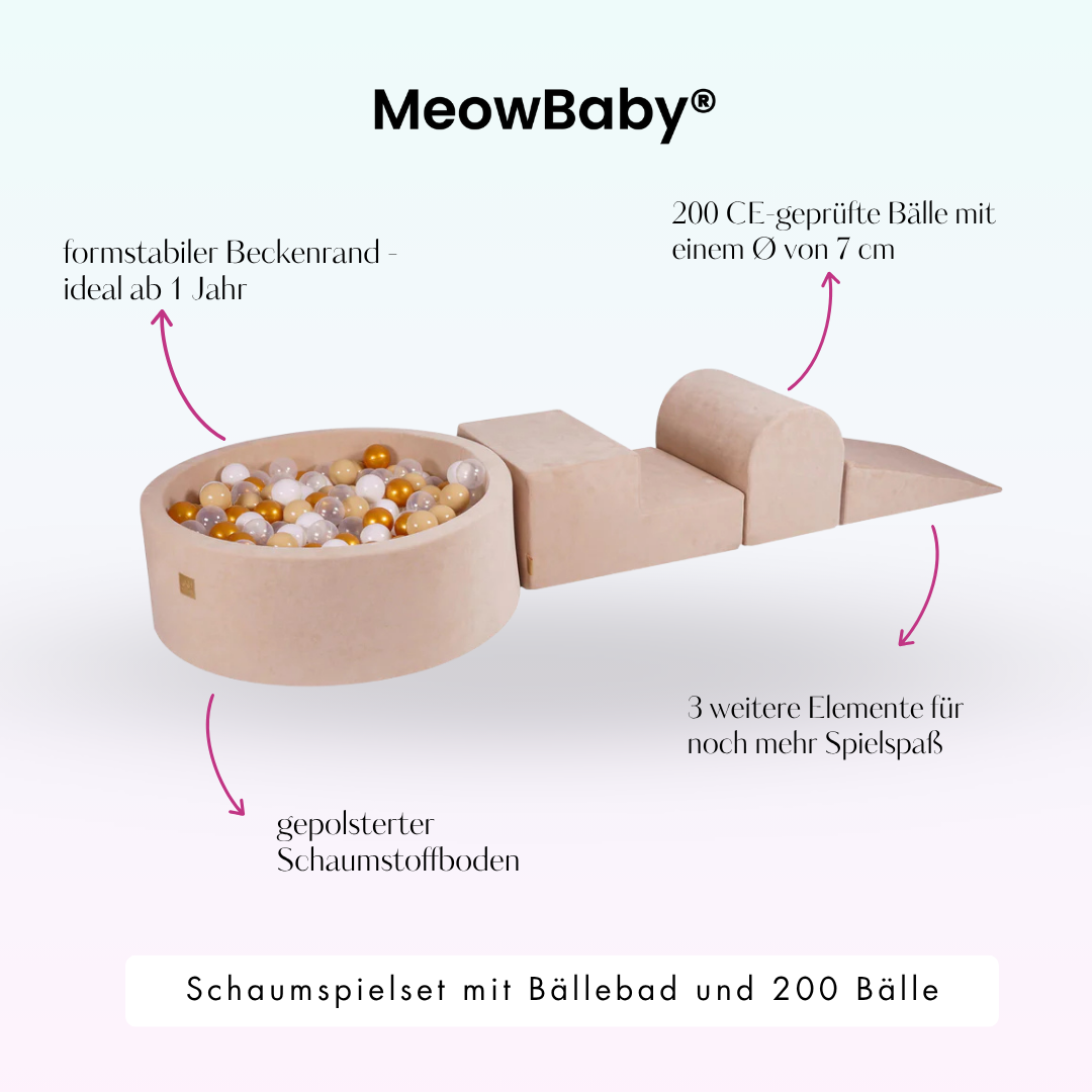 MeowBaby foam play set Velvet light grey with ball pit, 200 balls - own colour selection