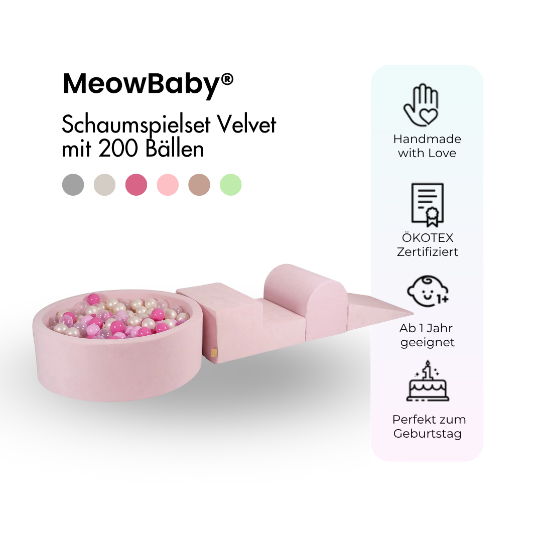 MeowBaby foam play set Velvet light grey with ball pit, 200 balls - own colour selection