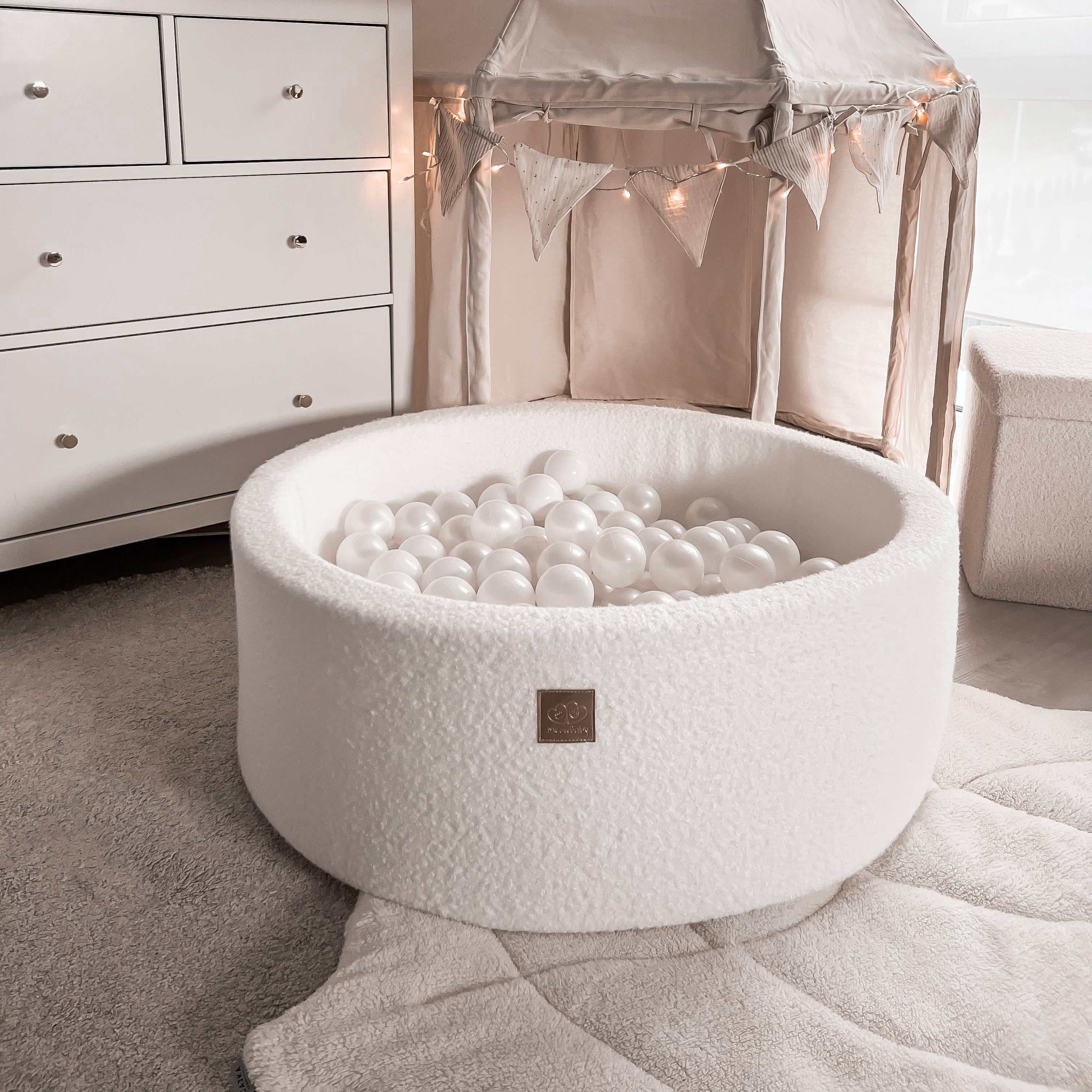 MeowBaby ball pit Bouclé cream/white 90x30 cm, 200 balls - custom color selection