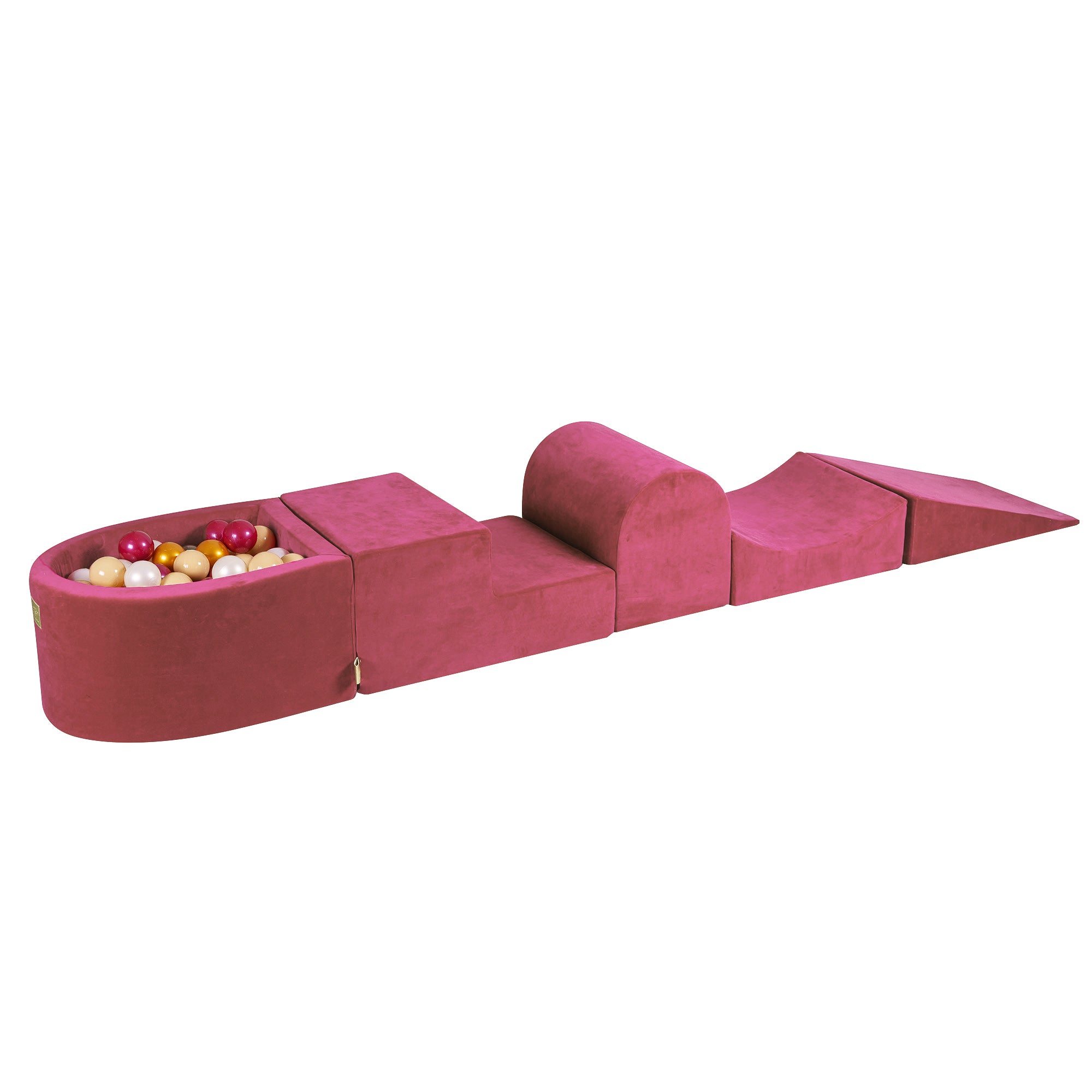 MeowBaby Schaumspielset Velvet Himbeerrot mit Bällebad, 100 Bälle – Gold/Beige/Weiß Perlmutt/Perlmutt Burgunderrot