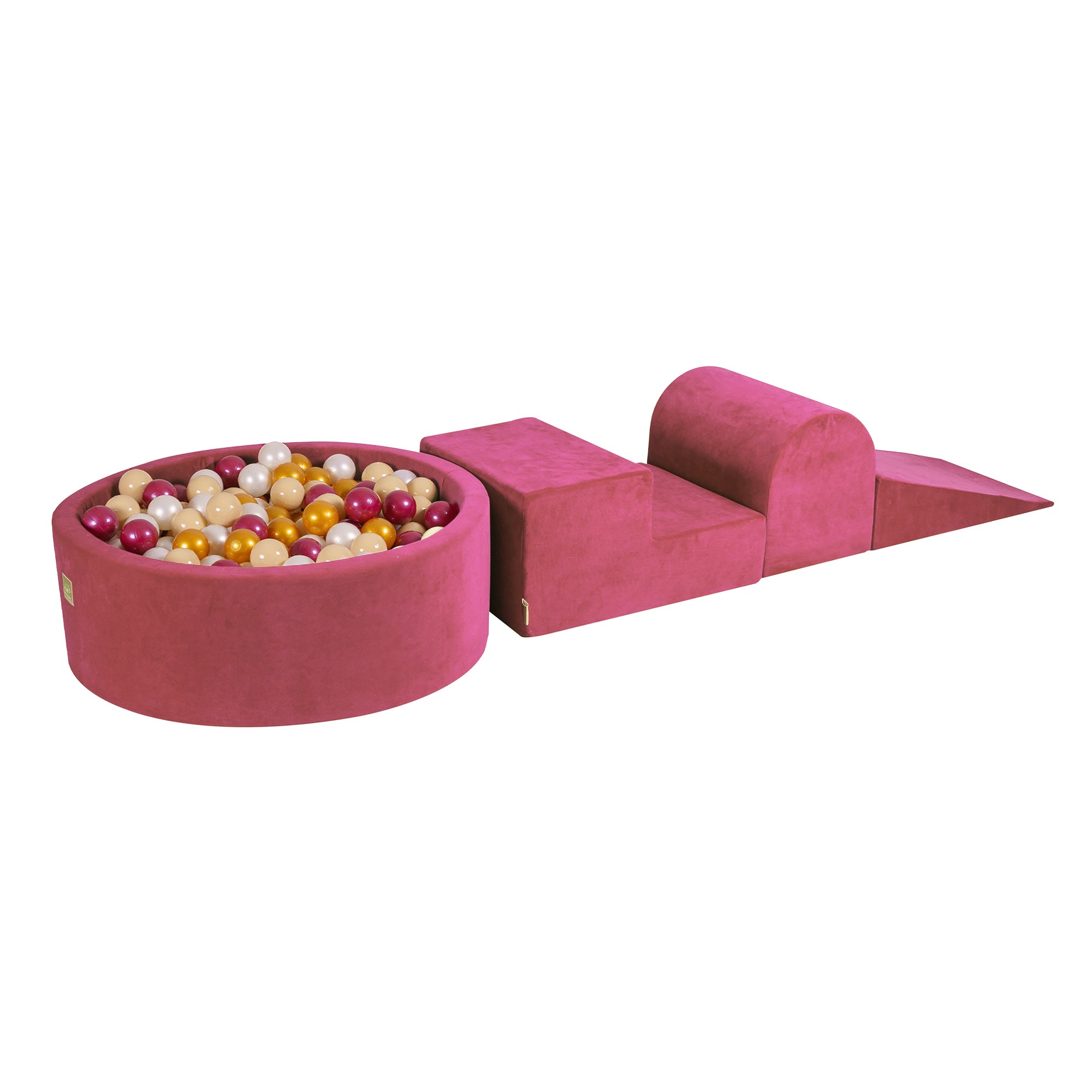MeowBaby Schaumspielset Velvet Himbeerrot mit Bällebad, 200 Bälle - Gold/Beige/Weiß Perlmutt/Perlmutt Burgunderrot