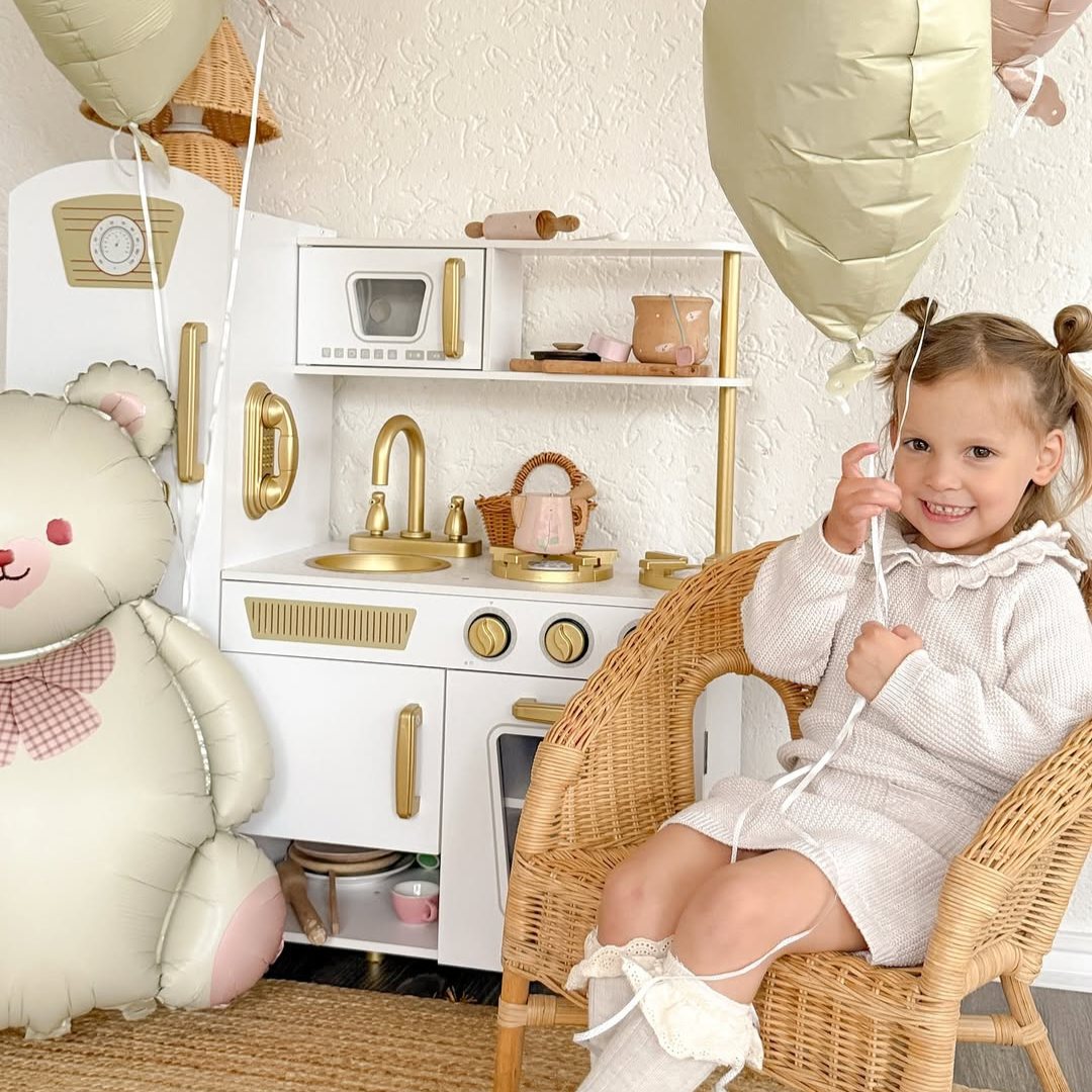 MeowBaby Montessori Holzspielküche für Kinder mit Zubehör - weiß/gold