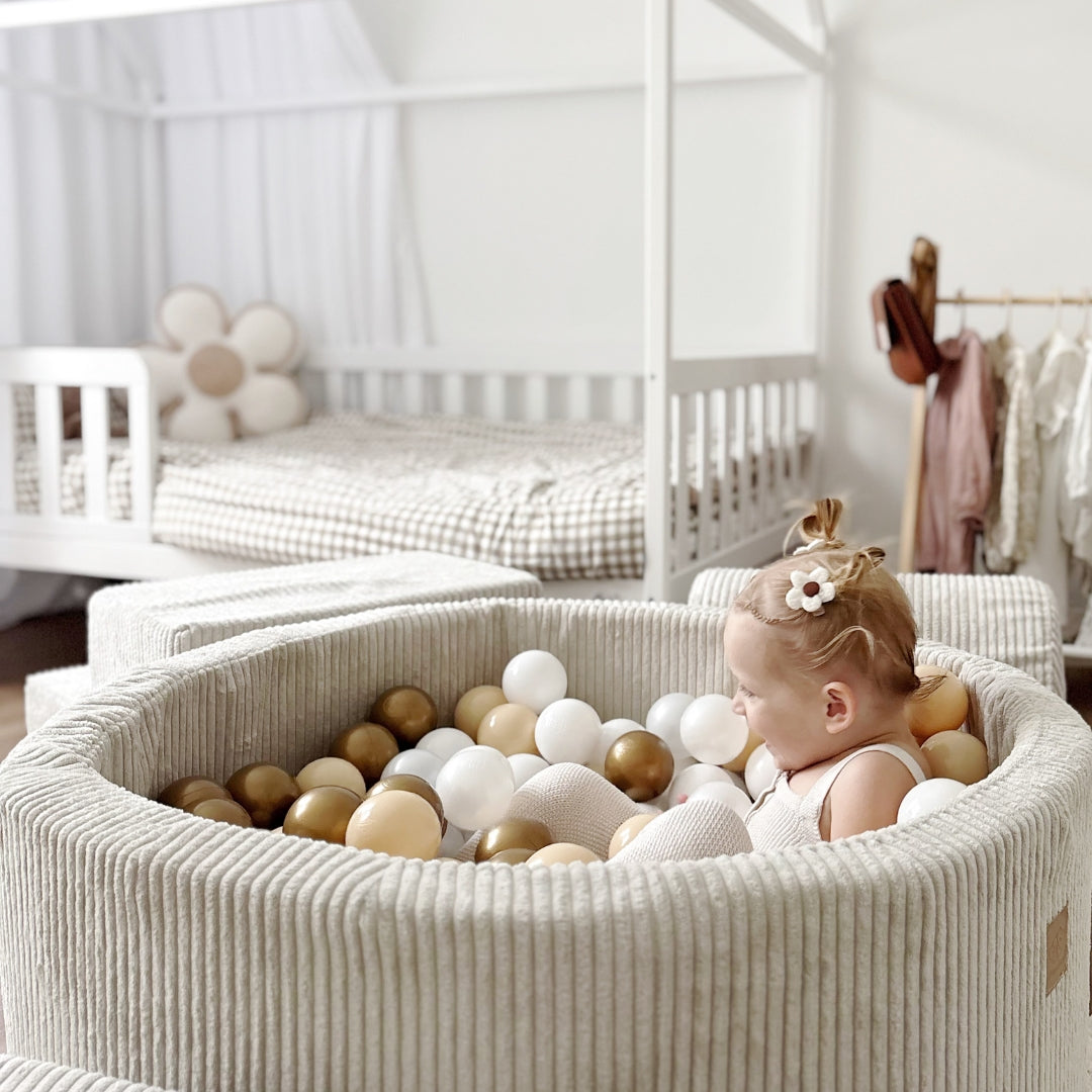 MeowBaby Bällebad Ästhetik Cord ecru/beige 90x30 cm, 200 Bälle - eigene Farbauswahl
