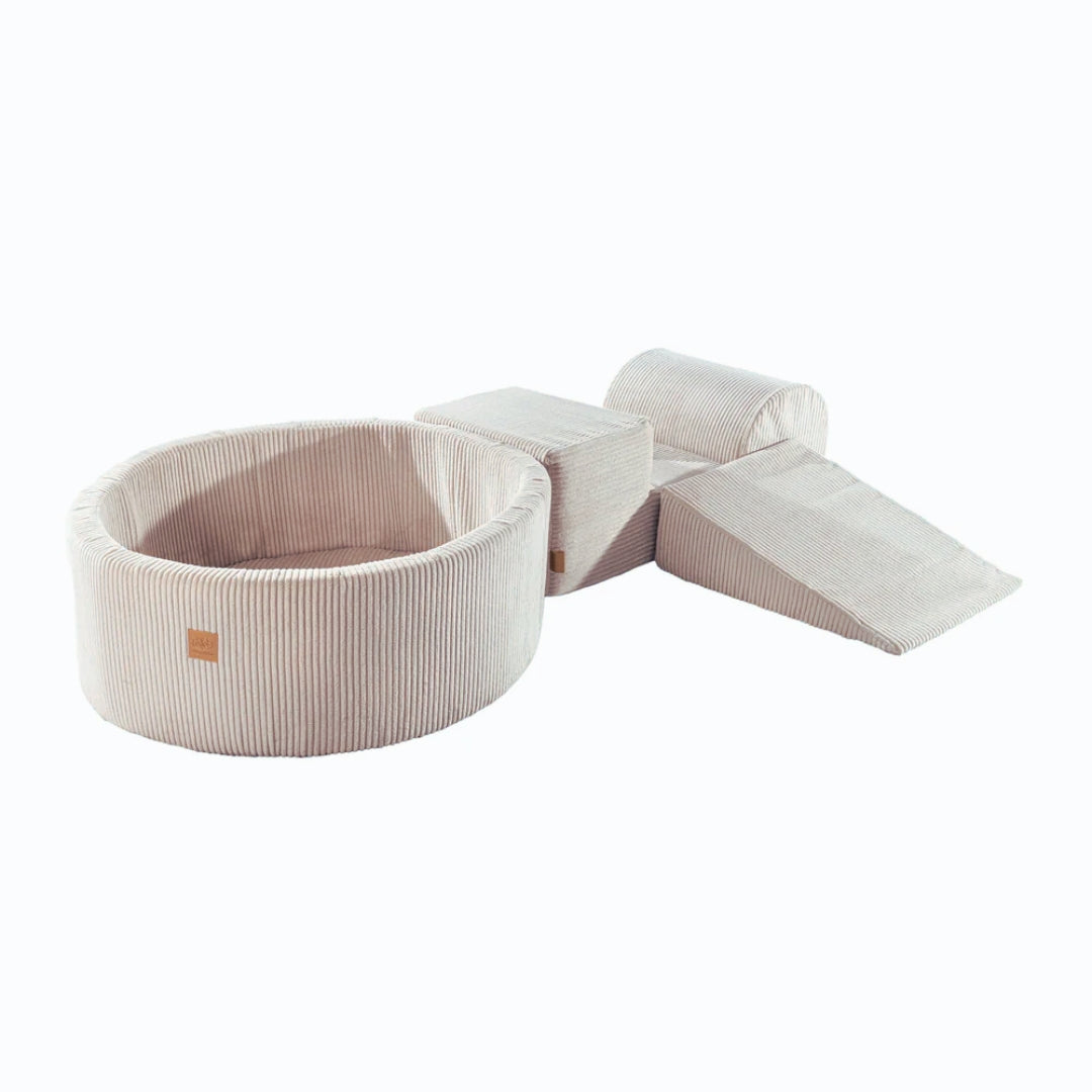 MeowBaby Schaumspielset Ästhetik Cord ecru/beige mit Bällebad, 200 Bälle - eigene Farbauswahl