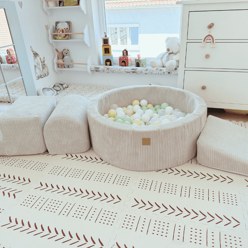 MeowBaby Schaumspielset Ästhetik Cord ecru/beige mit Bällebad, 200 Bälle - eigene Farbauswahl