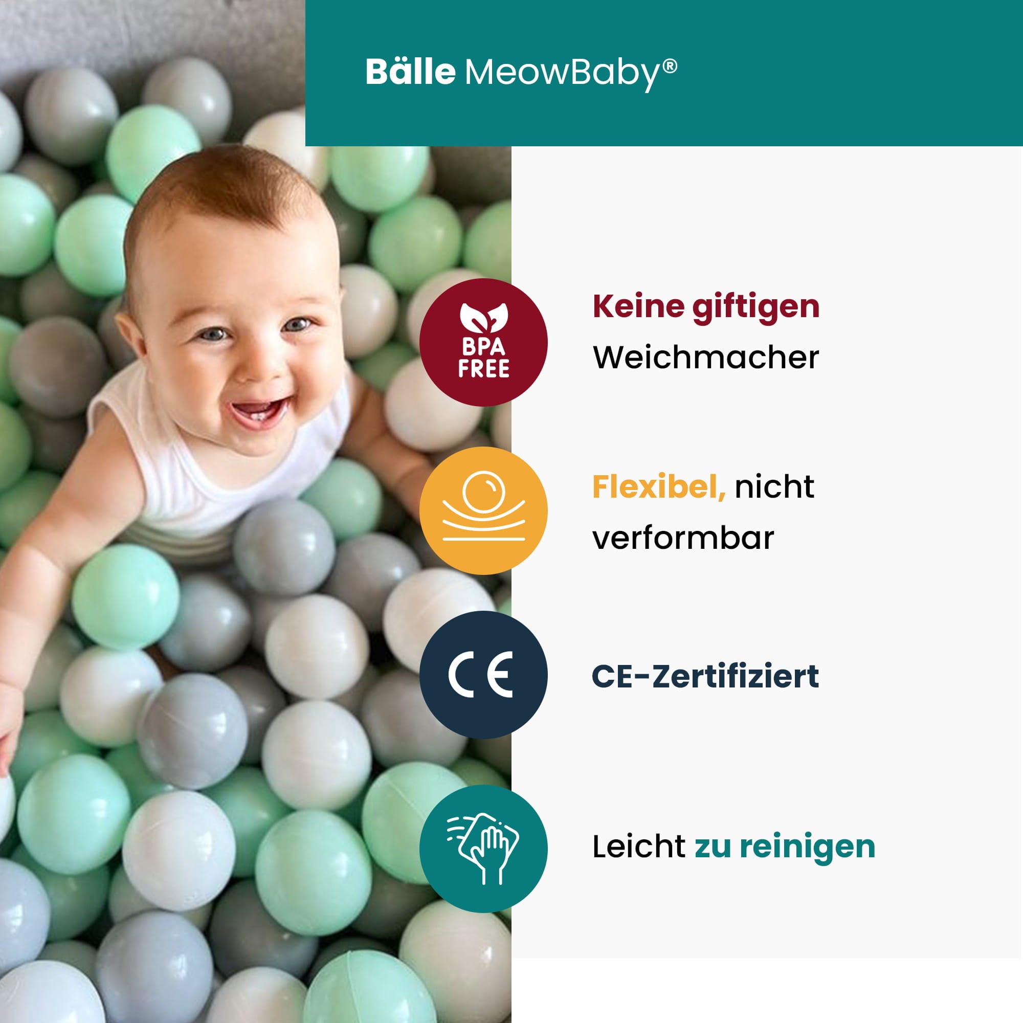 MeowBaby Schaumspielset Velvet hellgrau mit Bällebad, 100 Bälle - Minze/Grau/Weiß