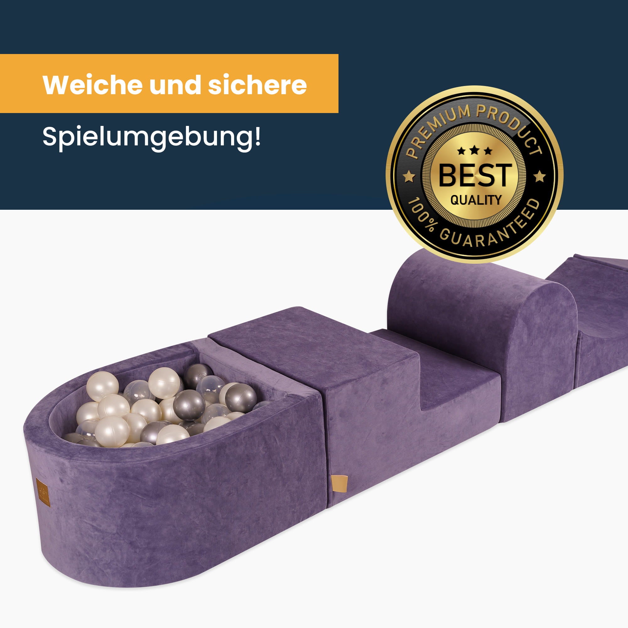 MeowBaby Schaumspielset Velvet hellgrau mit Bällebad, 100 Bälle - Violett/Hellrosa/Gelb/Türkis