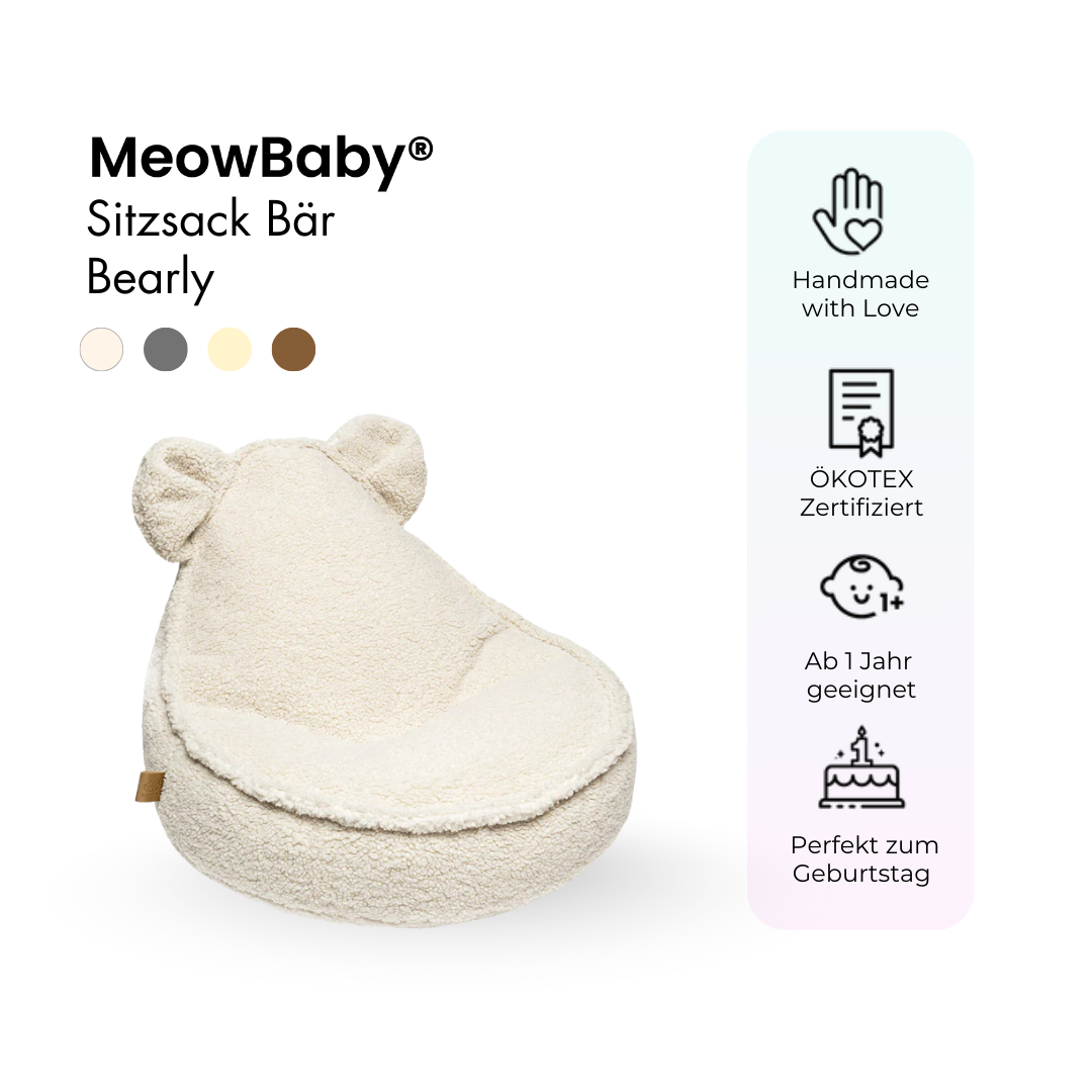 MeowBaby Beanbag Bearly Bear - cream/white