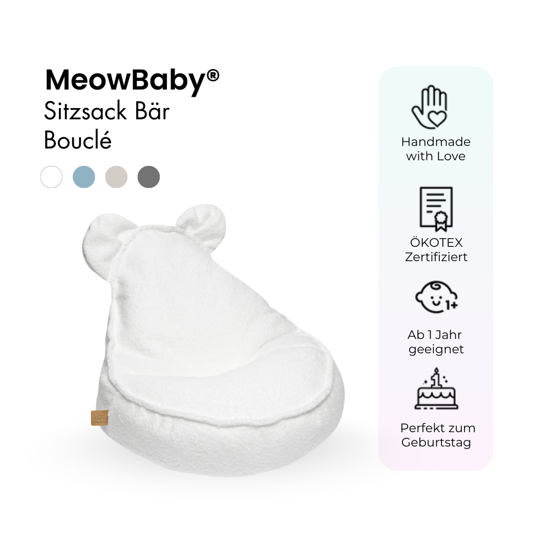 MeowBaby Bouclé Bear Bean Bag - cream/white 