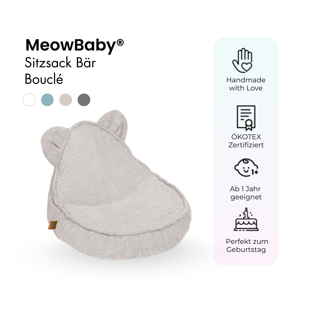 MeowBaby Bouclé Bear Bean Bag - cream/white 
