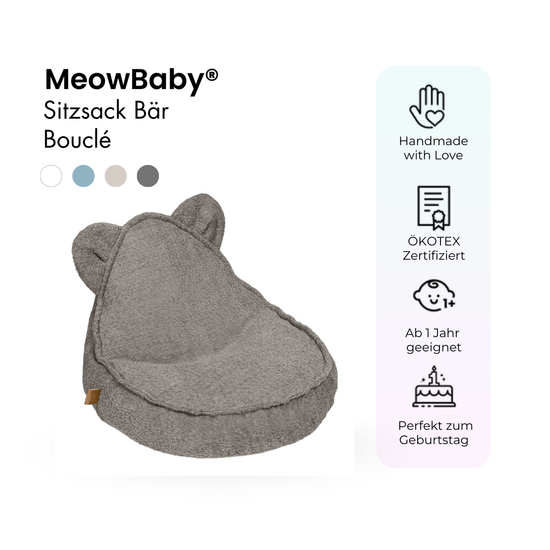 MeowBaby Bouclé Bear Bean Bag - cream/white 
