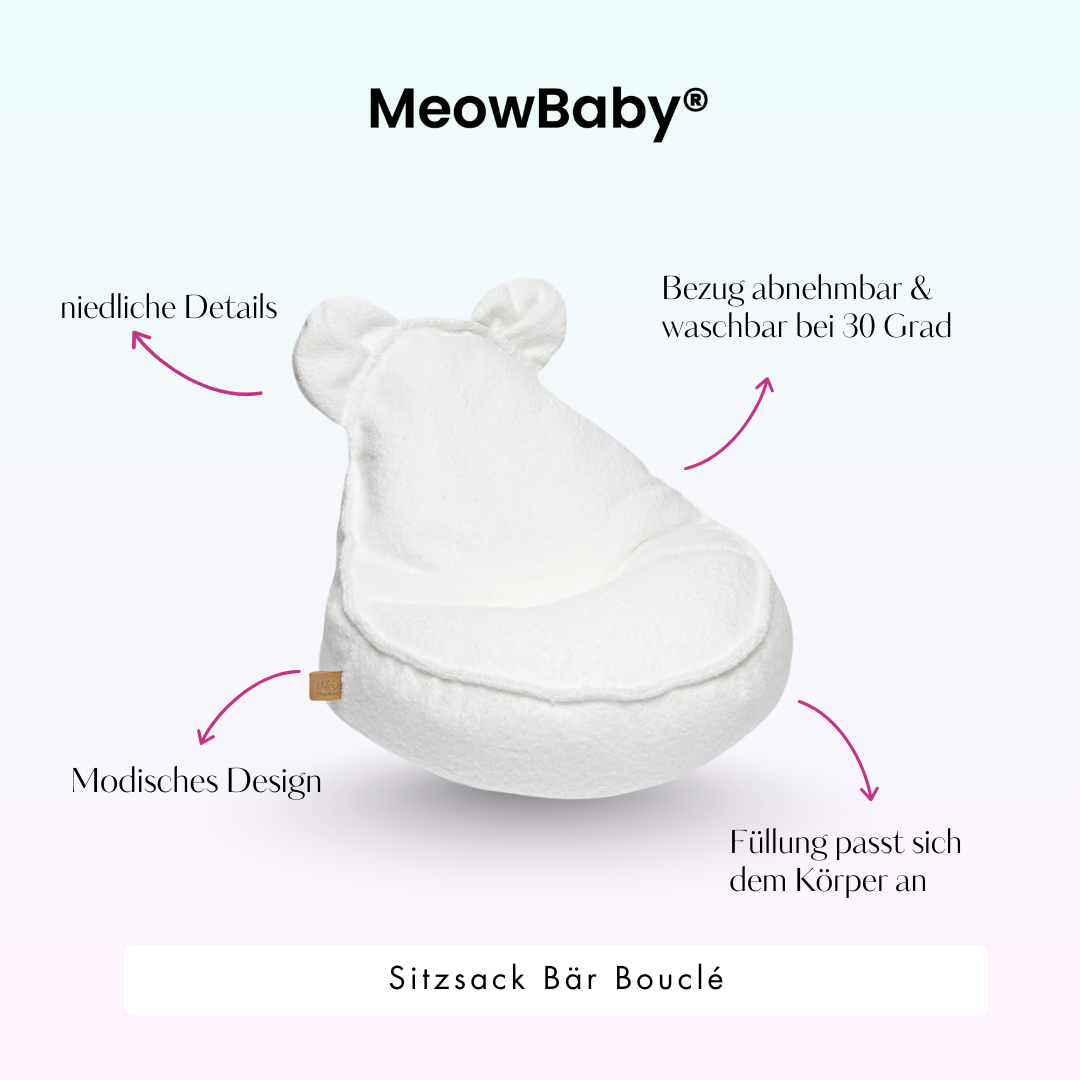 MeowBaby Bouclé Bear Bean Bag - cream/white 