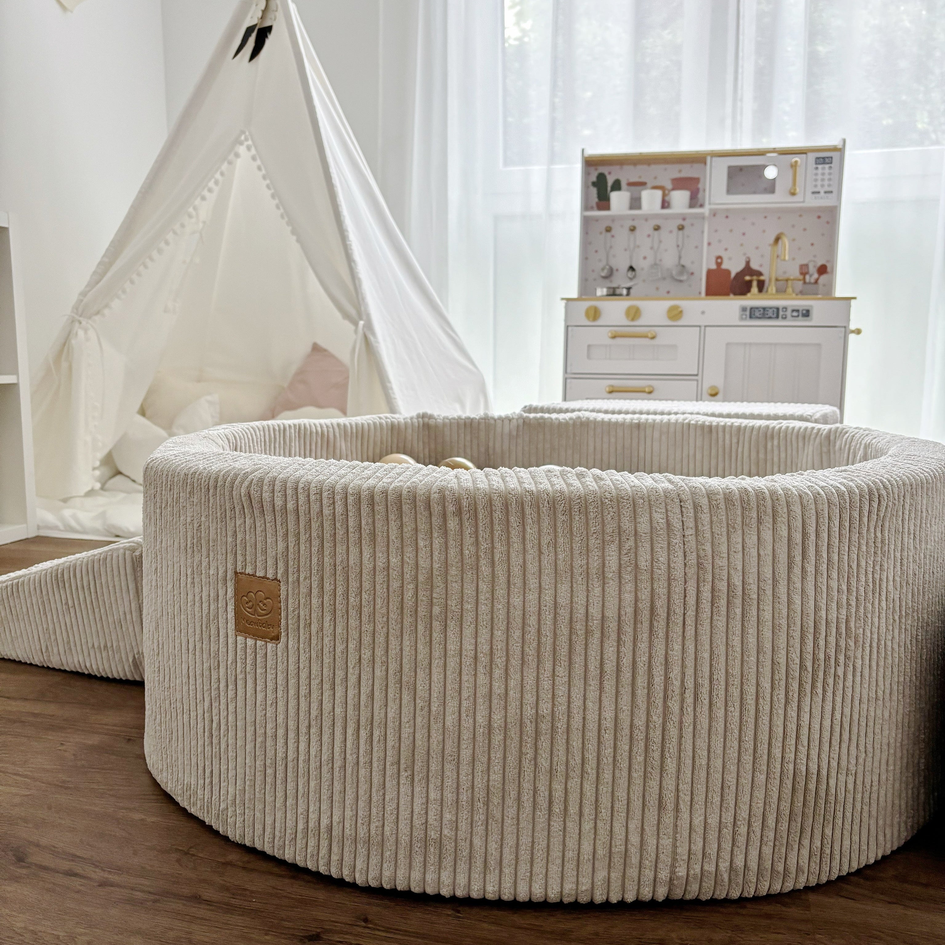 MeowBaby Schaumspielset Ästhetik Cord ecru/beige mit Bällebad, 200 Bälle - eigene Farbauswahl
