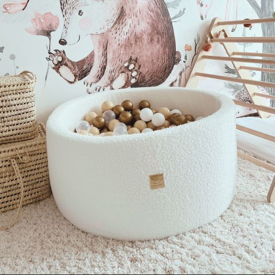 MeowBaby Bällebad Bouclé cremé/weiss 90x40 cm, 300 Bälle - eigene Farbauswahl