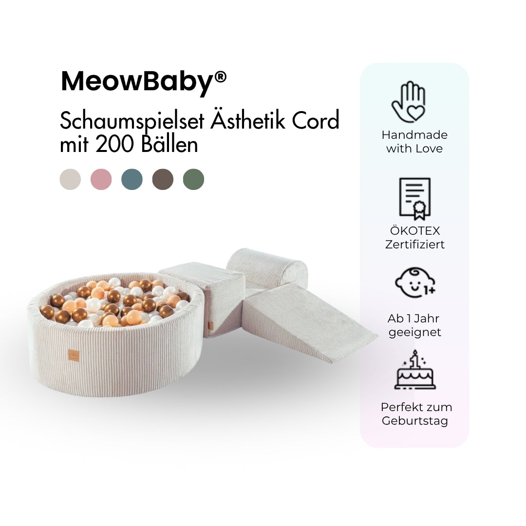 MeowBaby Schaumspielset Ästhetik Cord ecru/beige mit Bällebad, 200 Bälle - eigene Farbauswahl