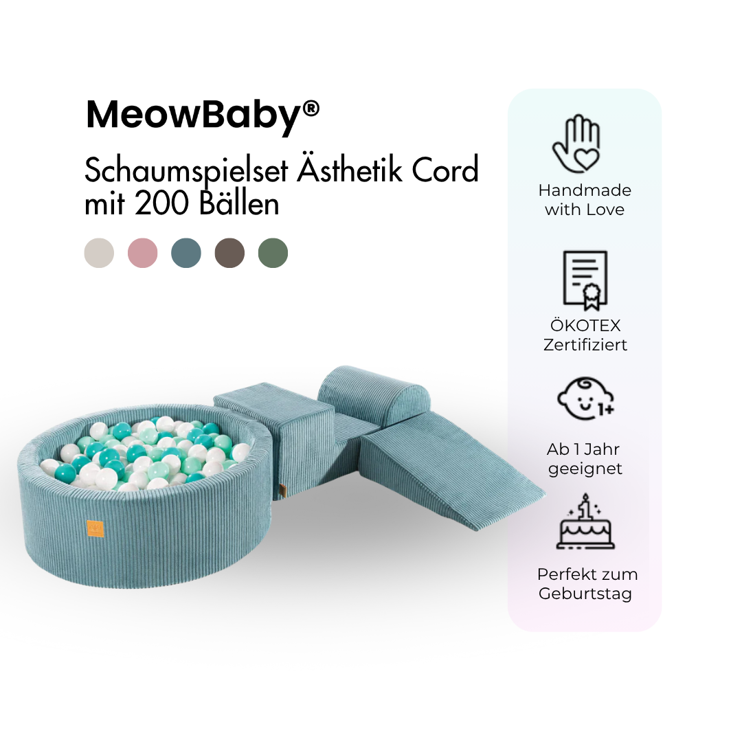 MeowBaby Schaumspielset Ästhetik Cord mit Bällebad, 200 Bälle - eigene Farbauswahl