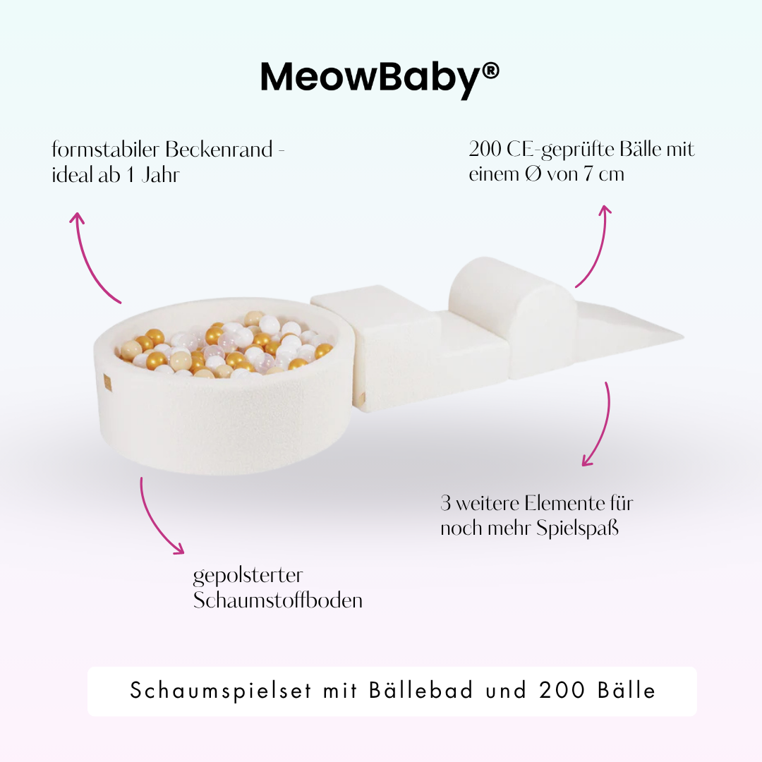 MeowBaby Schaumspielset Bouclé cremé/weiss mit Bällebad, 200 Bälle - eigene Farbauswahl