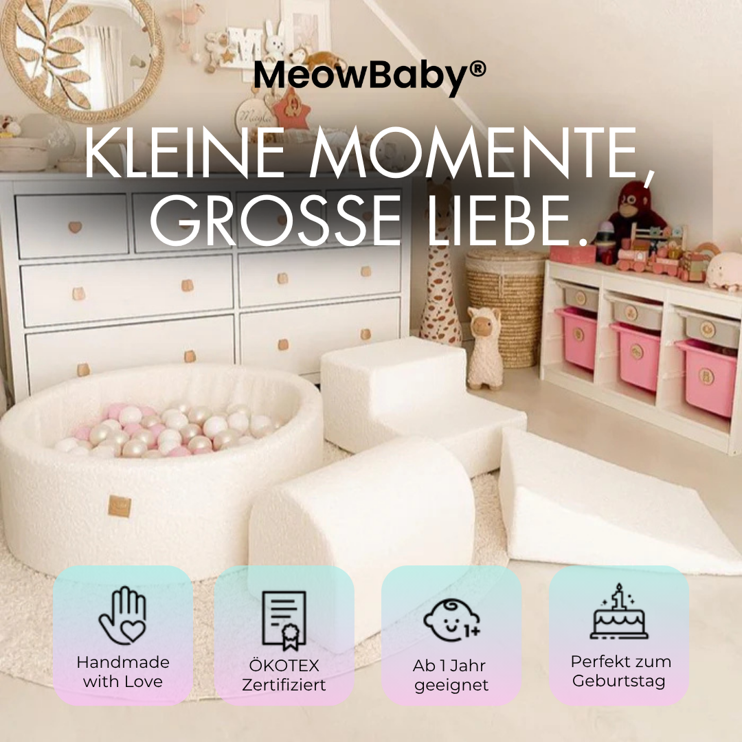 MeowBaby Schaumspielset Bouclé cremé/weiss mit Bällebad, 200 Bälle - eigene Farbauswahl
