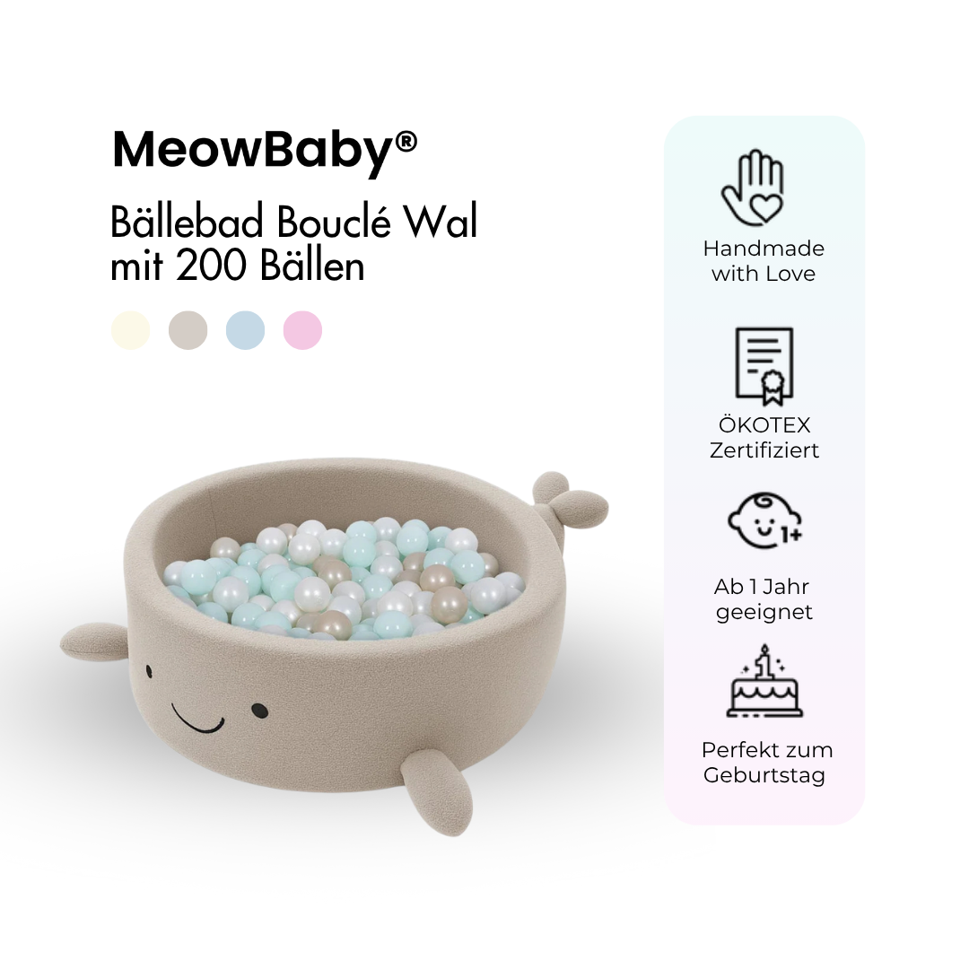 MeowBaby Bällebad kleiner Wal Bouclé, 200 Bälle - eigene Farbauswahl